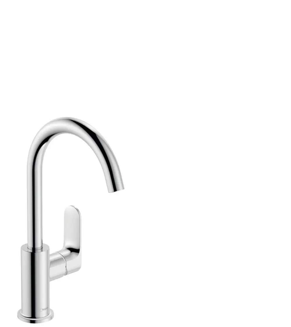 Hansgrohe Einhebel-Waschtischmischer mit schwenkbarem Auslauf und seitlichem Hebel zur Steuerung von Wasserfluss und -temperatur, in Chrom.